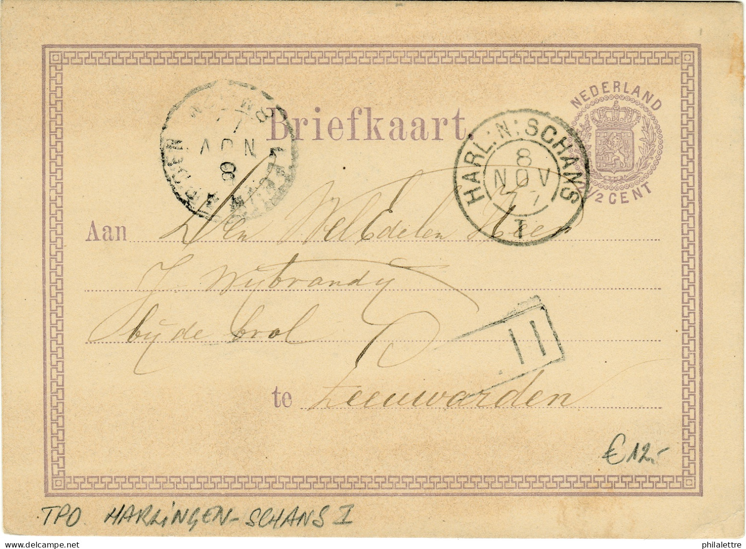 THE NETHERLANDS 1877 Postmark "HARL:N:SCHANS / I" (TPO Harlingen To Schans) On 2-1/2c Postal Card From STROOBOS - Brieven En Documenten