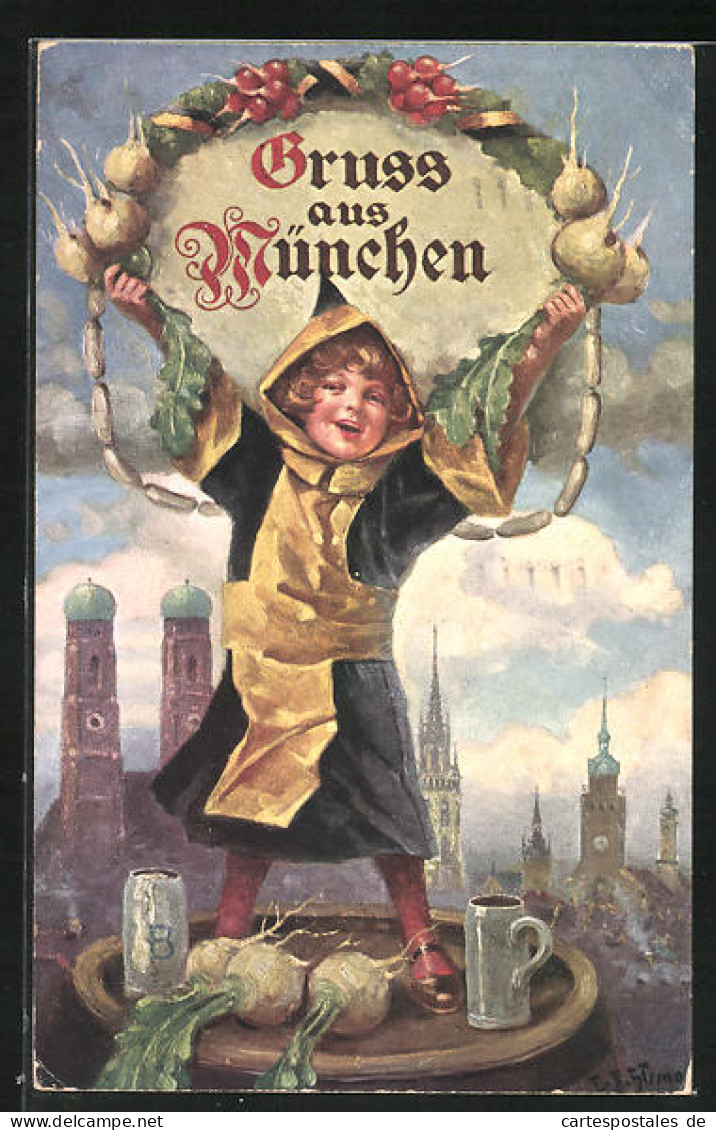 Künstler-AK Ernst Schlemo: Münchner Kindl Mit Radi Und Bier  - Schlemo, F.