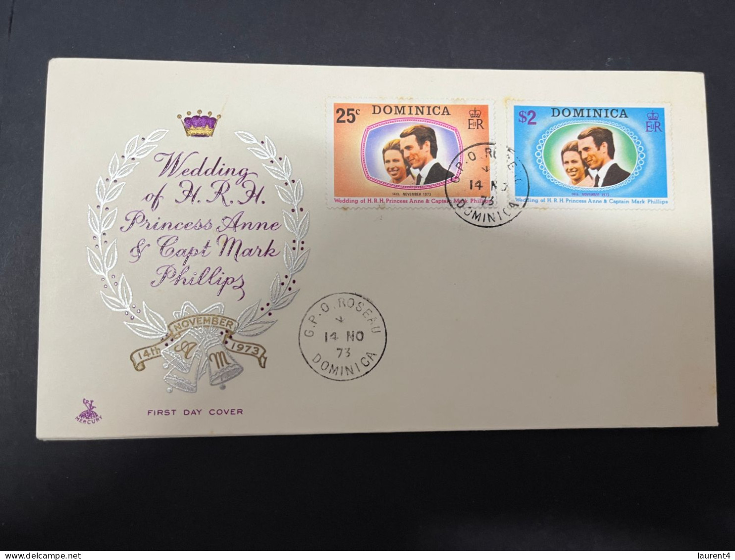 5-4-2024 (1 Z 9) FDC (2 Cover) 1973 (H.R.H Princess Anne Royal Wedding) Dominica (m/s On Cover + 1 Cover) - Familles Royales