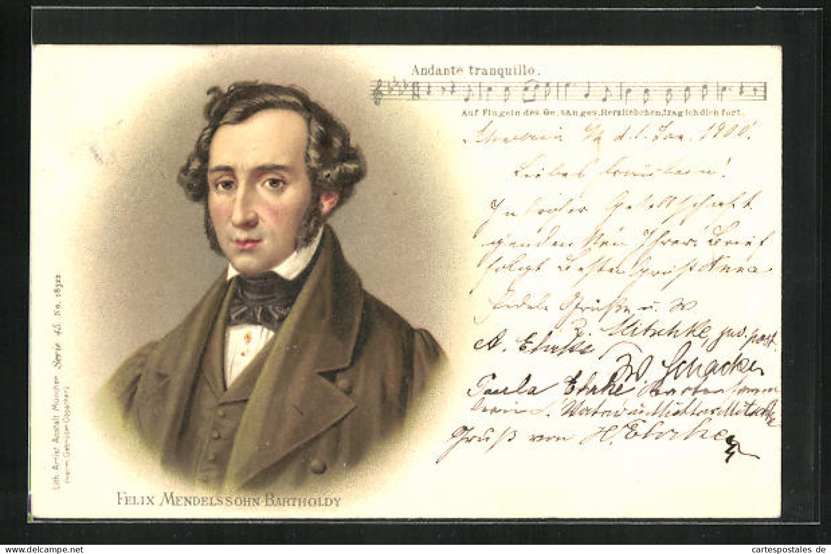 Lithographie Felix Mendelssohn-Bartholdy Im Portrait, Liedzeile  - Künstler