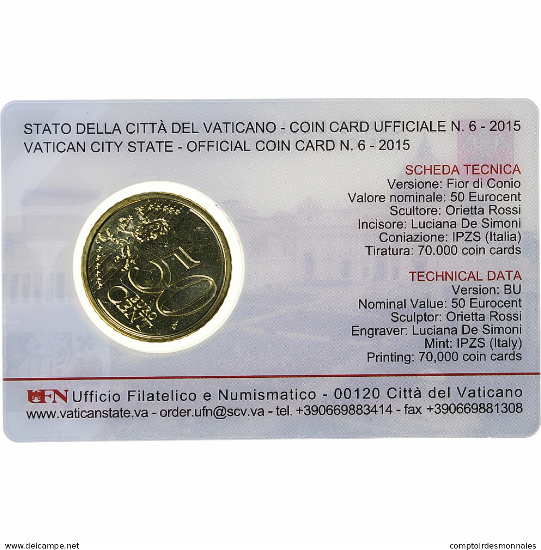 Vatican, 50 Euro Cent, Pape François, Coin Card.FDC, 2015, Rome, Or Nordique - Vaticaanstad