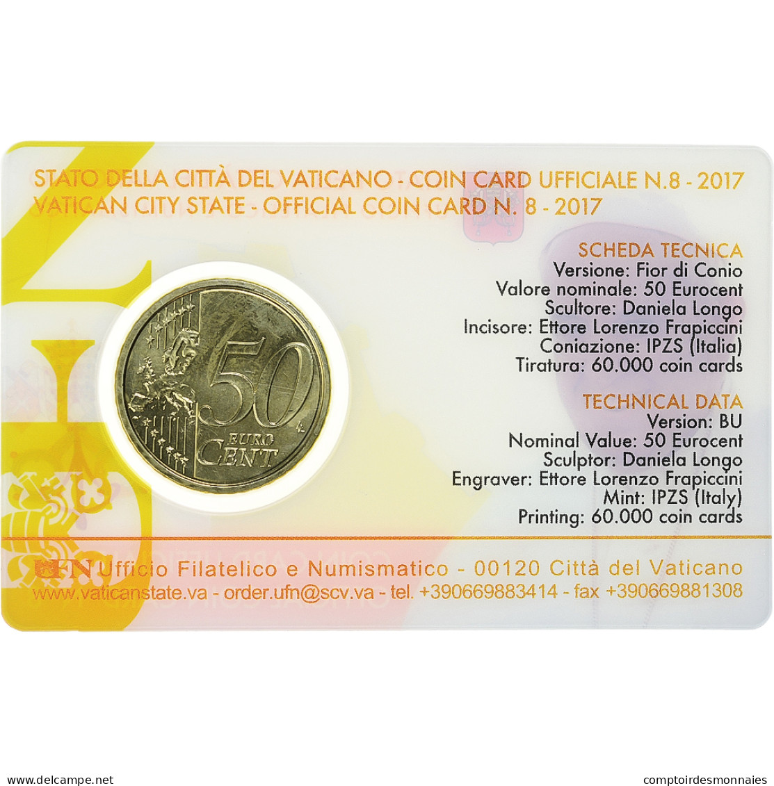Vatican, 50 Euro Cent, Pape François, Coin Card.FDC, 2017, Rome, Or Nordique - Vaticaanstad