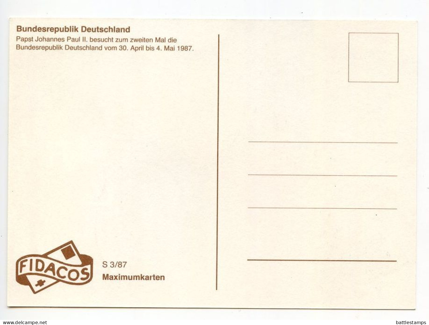 Germany, West 1987 Maximum Card Scott 1503 State Visit Of Pope John Paul II; Münster Postmark - 1981-2000