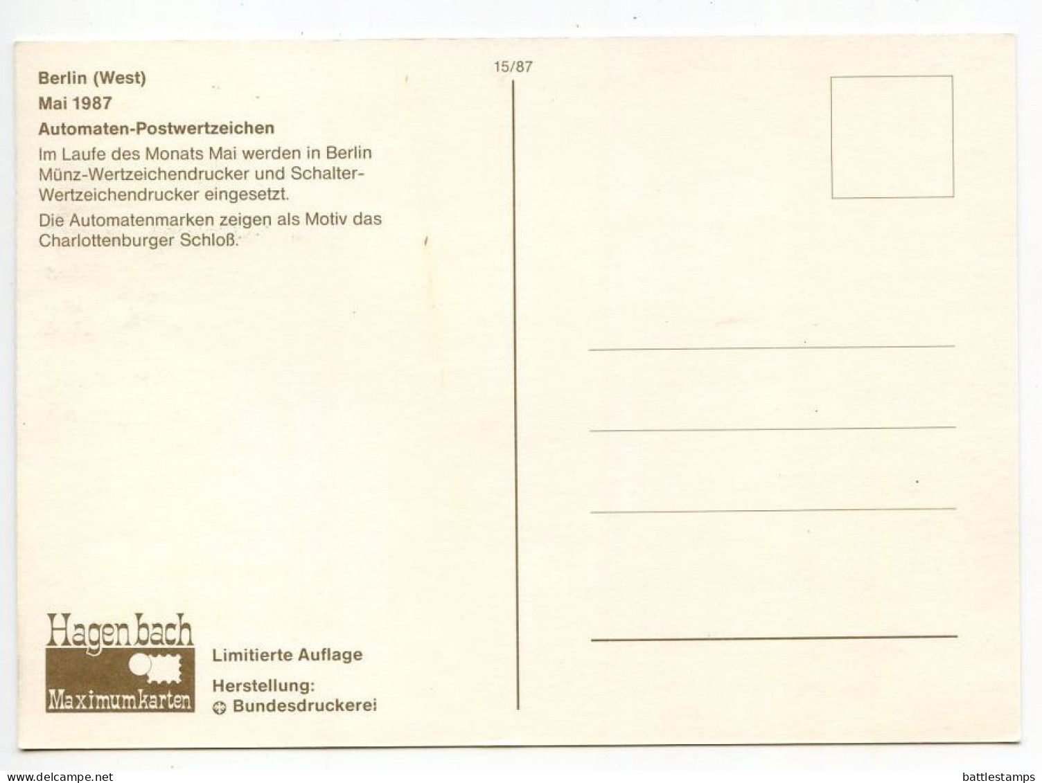 Germany, Berlin 1987 Maximum Card ATM / Frama Stamp - 50pf. Charlottenburg Palace - Maximum Kaarten