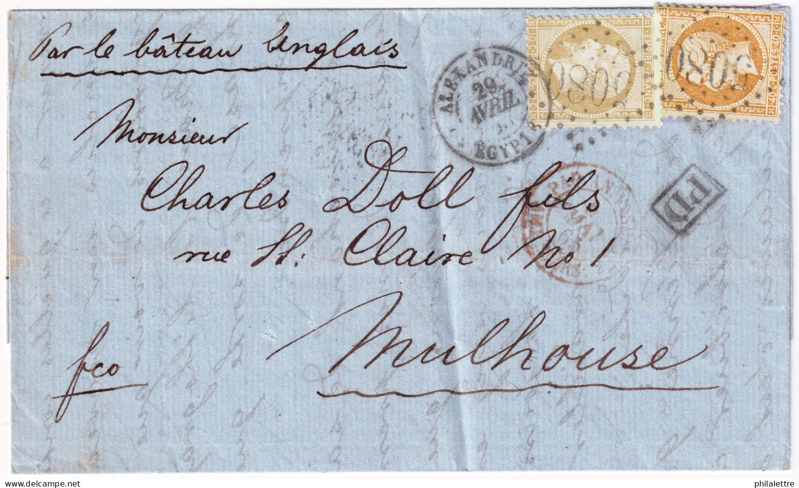 BUREAU FRANÇAIS D'ALEXANDRIE (Égypte) - 1865 Yv.21 & 23 10c & 40c Empire Dent. Sur LAC Pour Mulhouse - TB - 1862 Napoléon III.