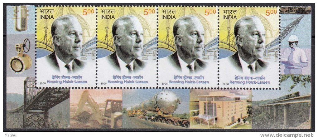 India MNH 2008, Strip Of 4, Henning Holck Larsen, Architecture, Bridge, Monument, Job, Truck For Mineral Train On Bridge - Unused Stamps