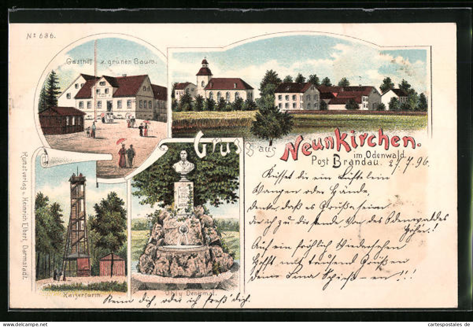 Lithographie Neunkirchen /Odenwald, Gasthof Z. Grünen Baum, Kaiserturm  - Odenwald