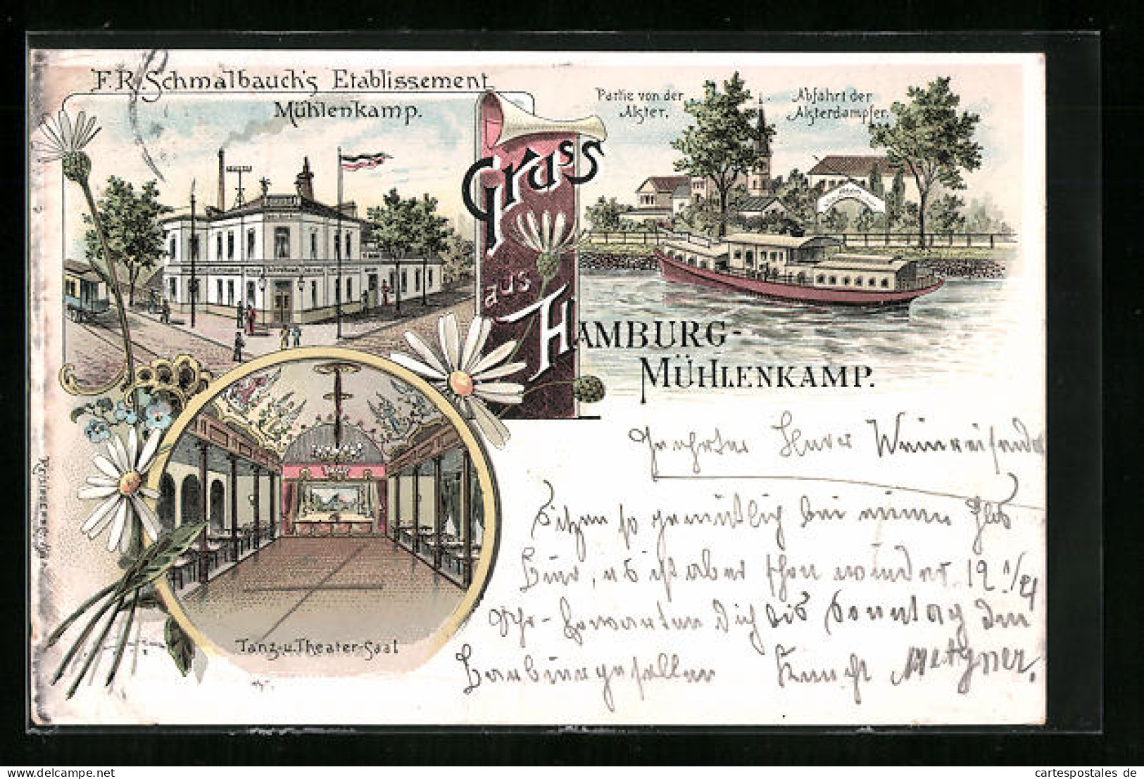 Lithographie Hamburg, Hotel Mühlenkamp, Dampfer Auf Der Alster  - Winterhude