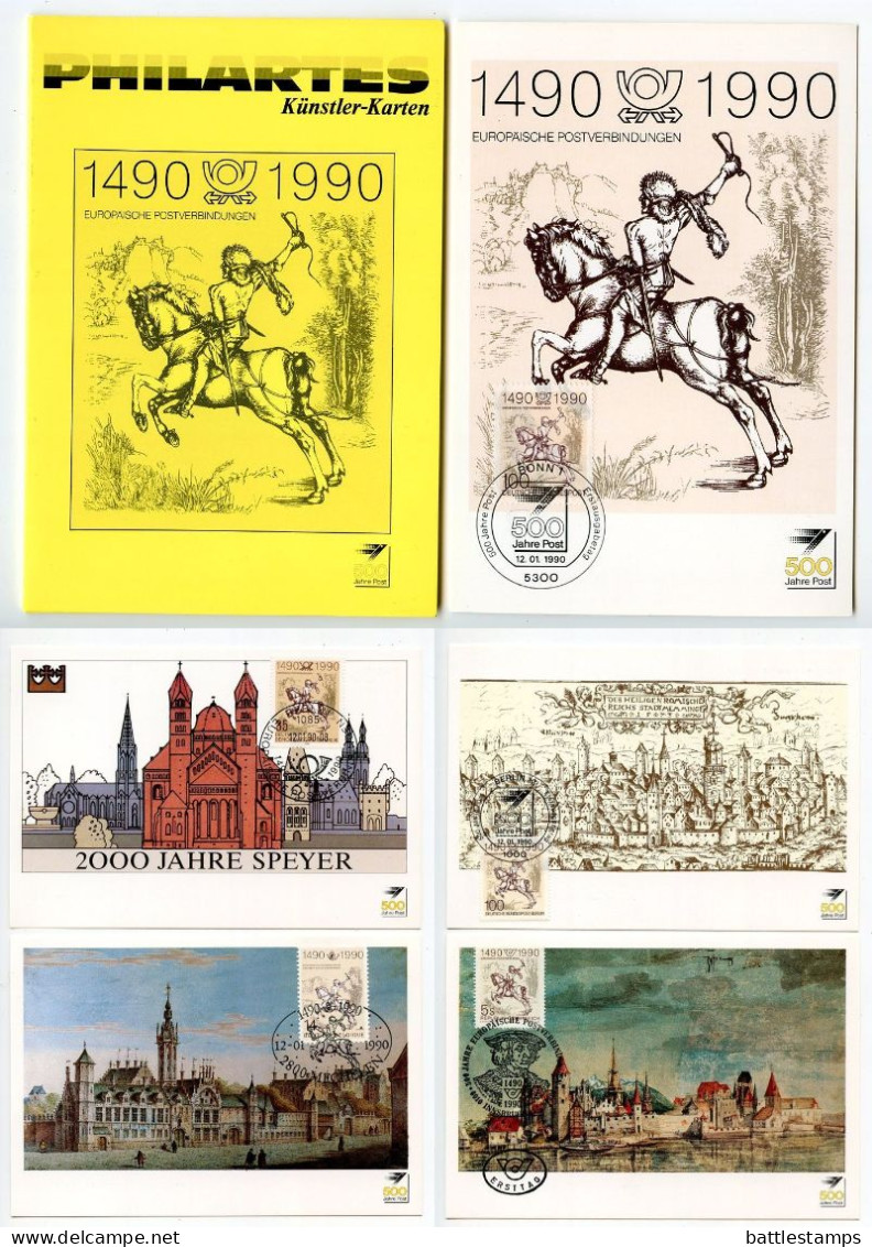 West, East & Berlin Germany, Austria, & Belgium 1990 Set Of 5 FDC Artist Cards - Euro Postal Communications 500th Anniv. - 1981-1990