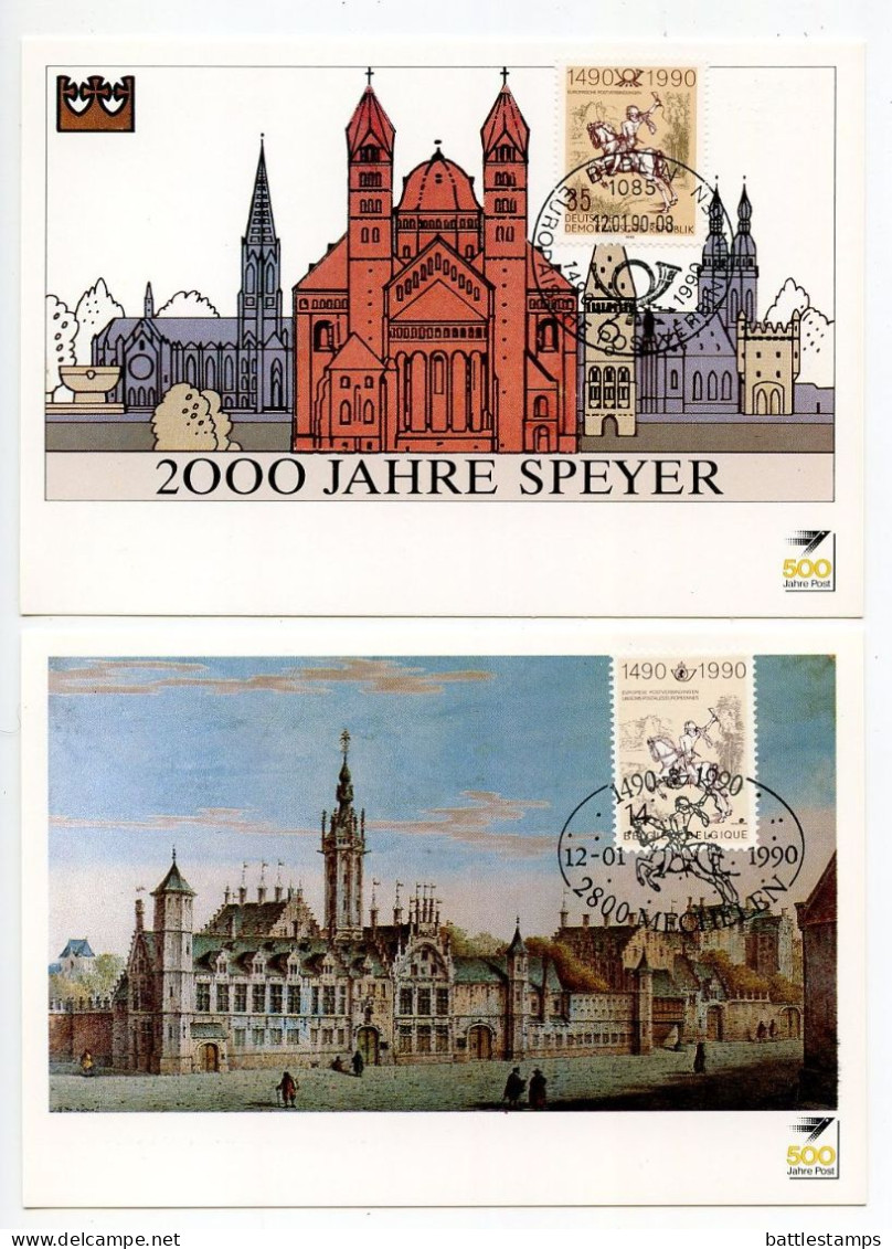 West, East & Berlin Germany, Austria, & Belgium 1990 Set Of 5 FDC Artist Cards - Euro Postal Communications 500th Anniv. - 1981-1990