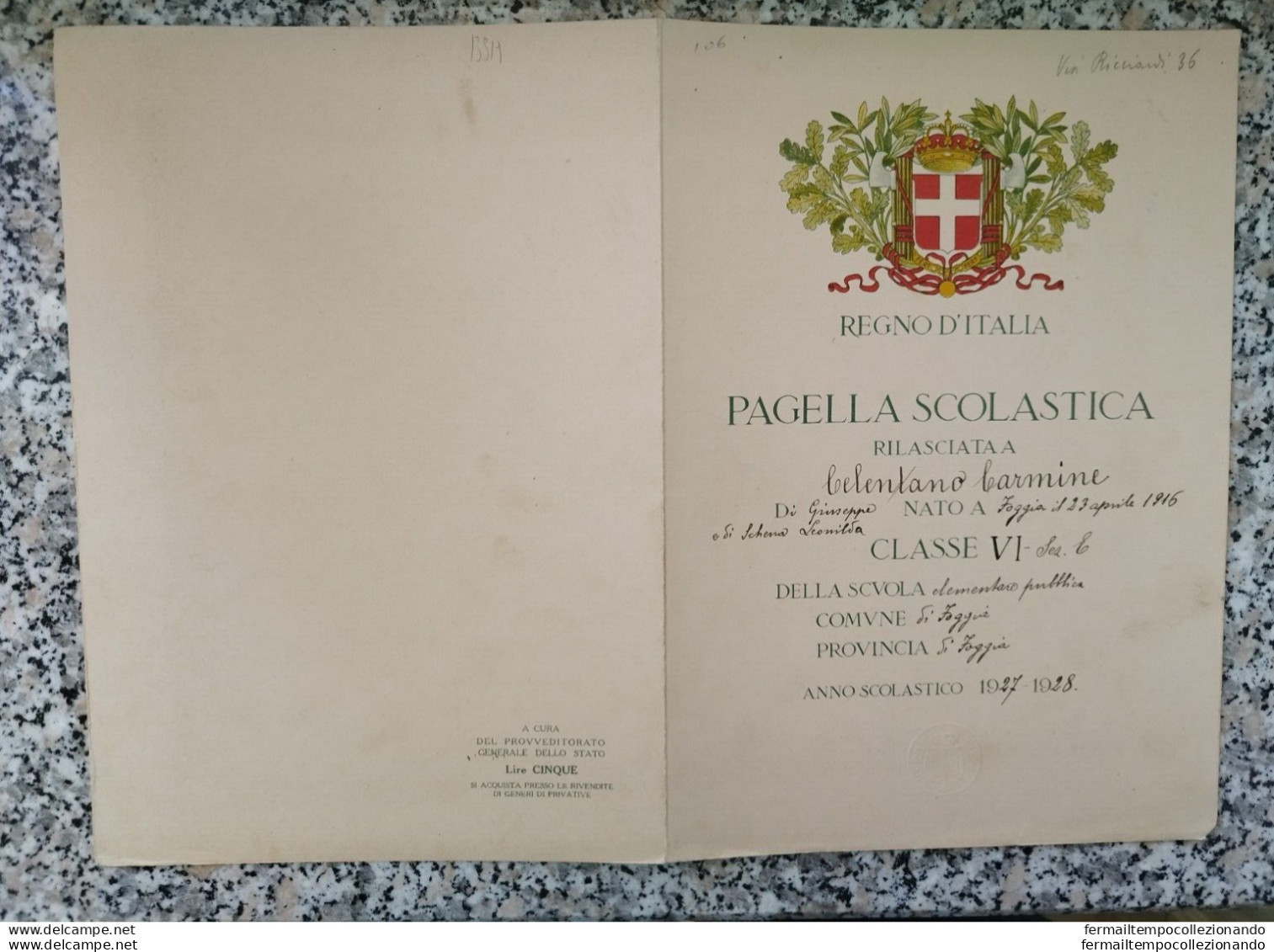 Bs19 Foggia Pagella Fascista Ministero Dell'educazione Nazionale 1928 - Diploma's En Schoolrapporten