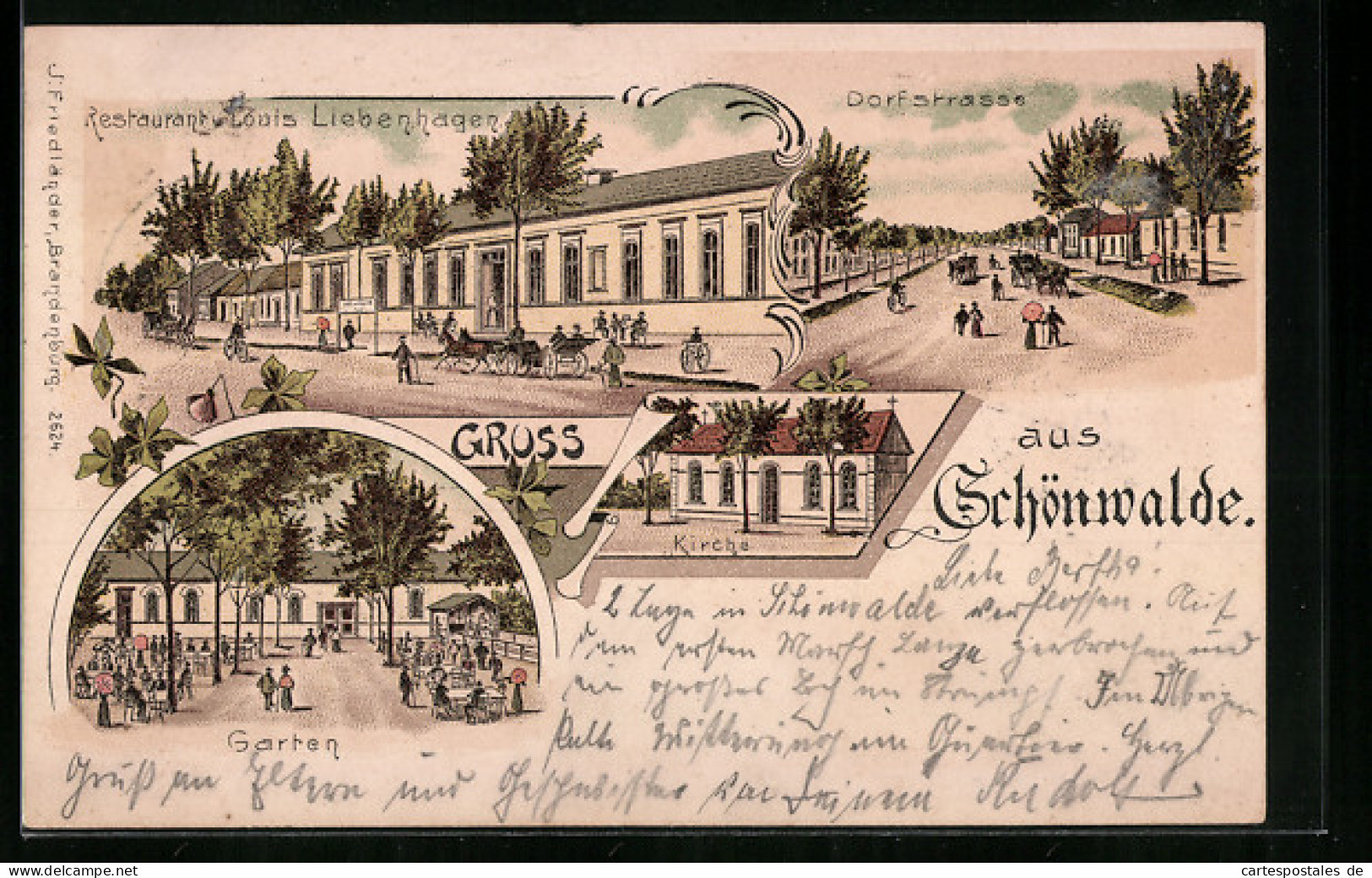 Lithographie Schönwalde /Wandlitz, Restaurant V. Louis Liebenhagen, Dorfstrasse, Kirche  - Wandlitz