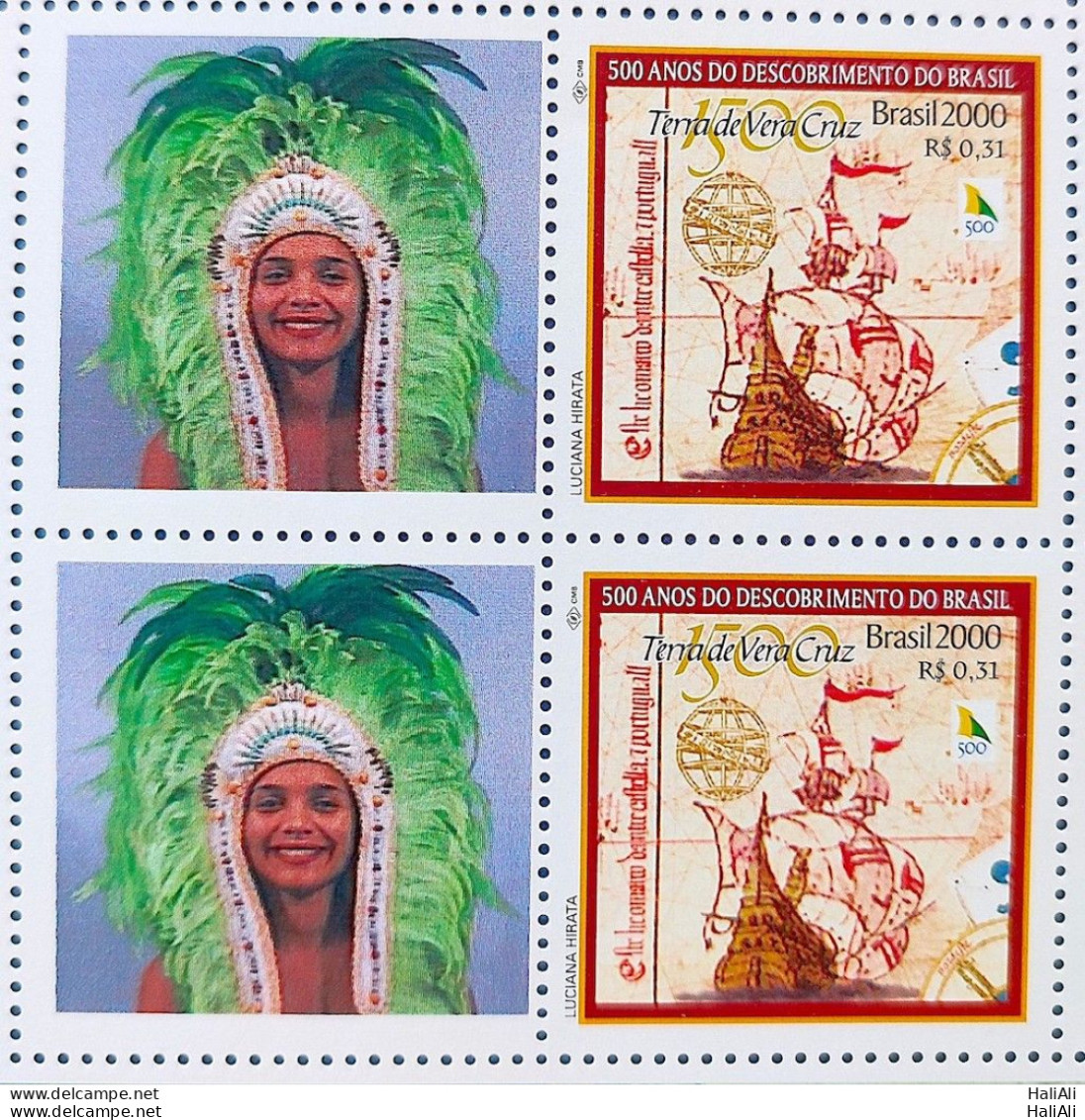 C 2254 Brazil Personalized Stamp Discovery Of Brazil Indian Ship Portugal Woman 2000 Block Of 4 - Ongebruikt