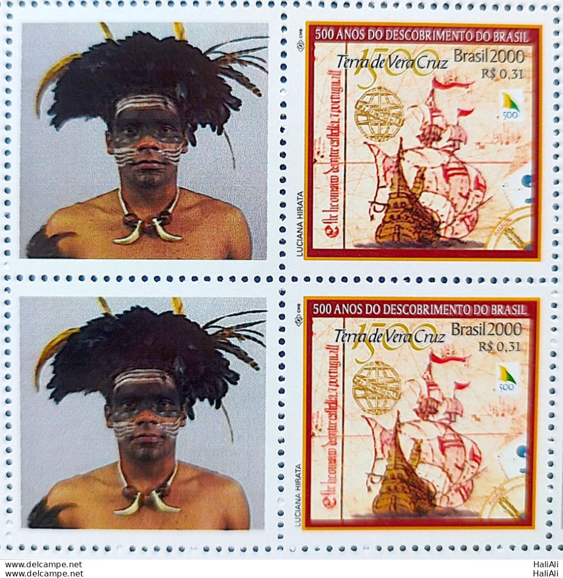 C 2254 Brazil Personalized Stamp Discovery Of Brazil Indian Ship Portugal 2000 Block Of 4 - Neufs