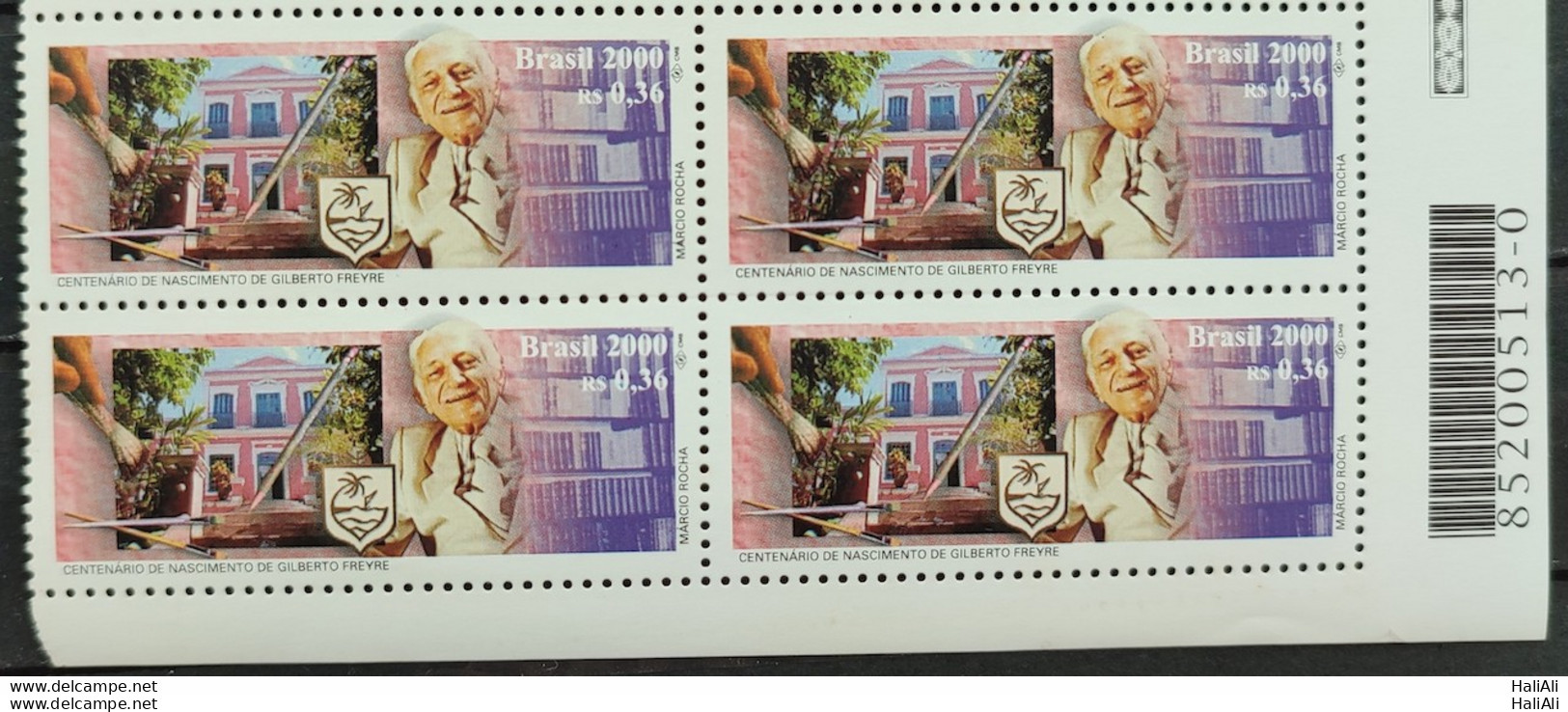 C 2248 Brazil Stamp Centenary Gilberto Freyre Literature 2000 Block Of 4 Bar Code - Ungebraucht