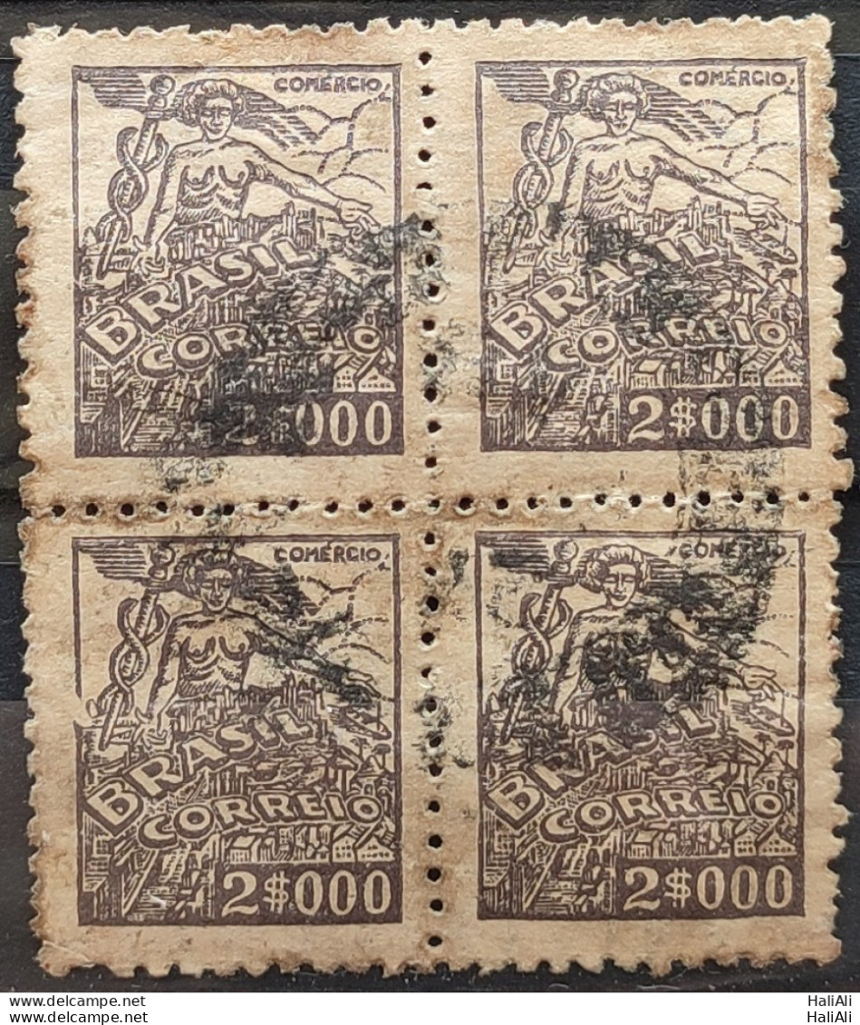 Brazil Regular Stamp RHM 381 Granddaughter Commerce 2000 Reis Filigree Q 1943 Circulated 21 Block Of 4 - Gebruikt