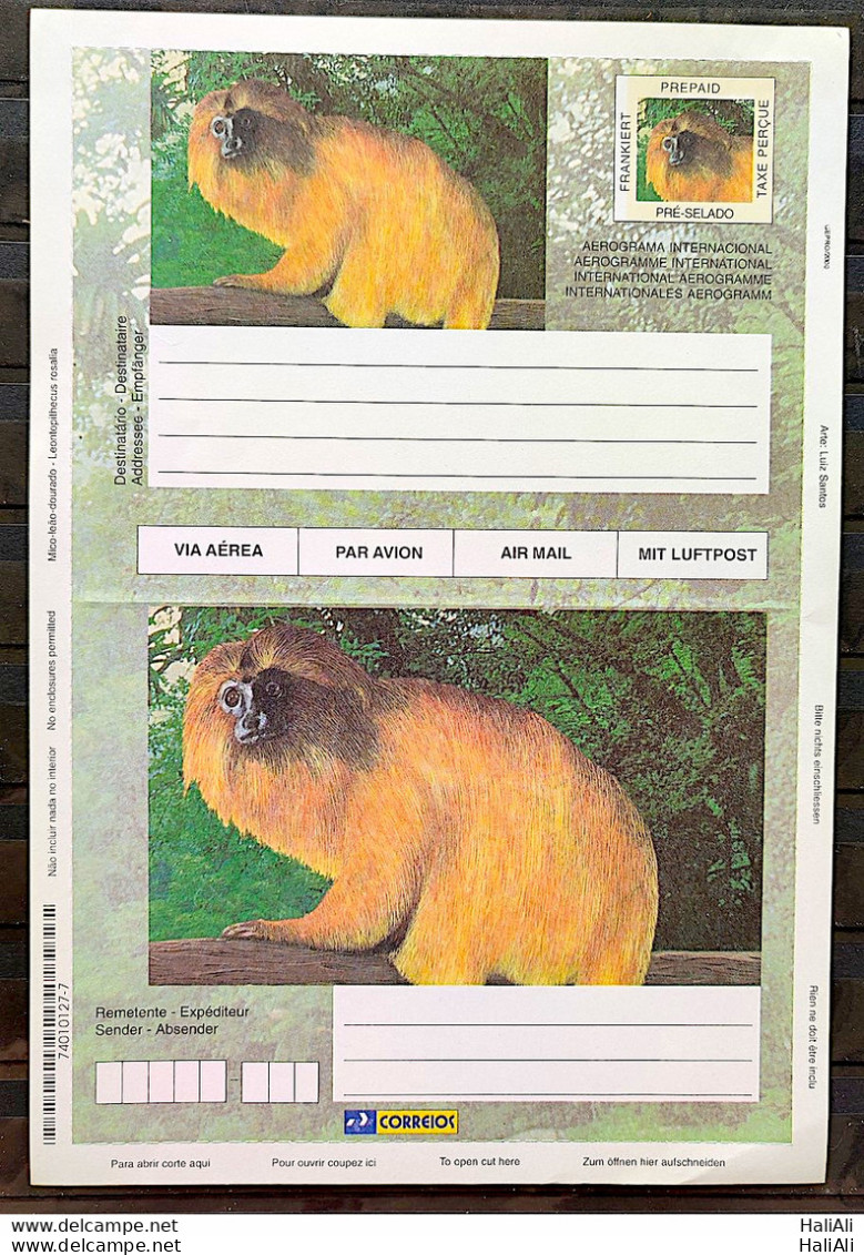 Brazil Aerogram Cod 0010b International Lion Golden Monkey Fauna Gepro 2000 - Entiers Postaux