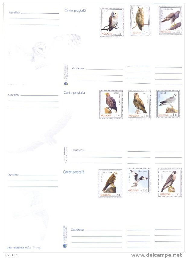 2016. Predatory Birds Of Moldova, Prepayed Post Cards, Set Of 9v, Mint/** - Águilas & Aves De Presa