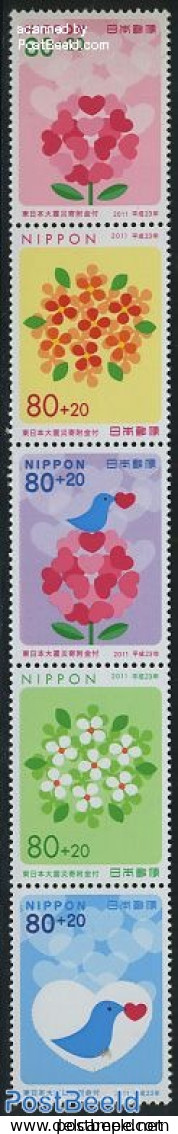 Japan 2011 Earthquake Victims 5v [::::], Mint NH, History - Nature - Birds - Disasters - Neufs