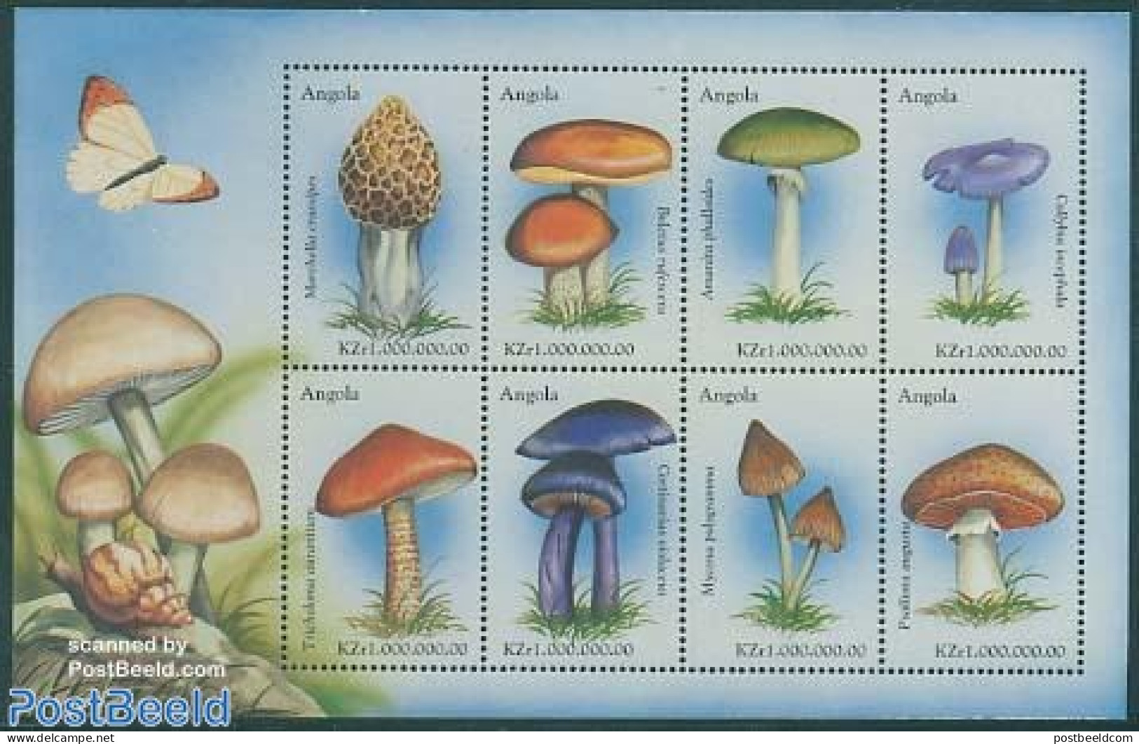 Angola 1999 Mushrooms 8v M/s, Morchella Crassipes, Mint NH, Nature - Mushrooms - Paddestoelen