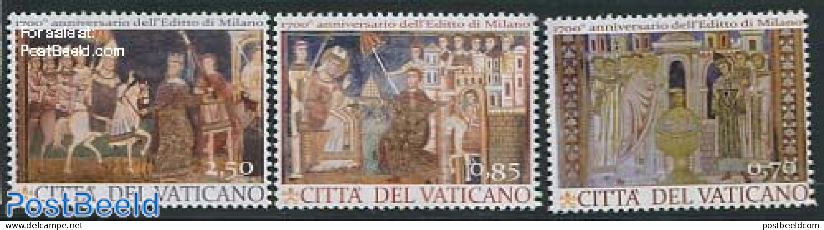 Vatican 2013 1700 Years Edict Of Milan 3v, Mint NH, Nature - Horses - Art - Paintings - Unused Stamps