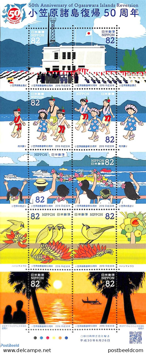 Japan 2018 Ogasawara Island Reversion 10v M/s, Mint NH, Nature - Transport - Birds - Ships And Boats - Nuevos
