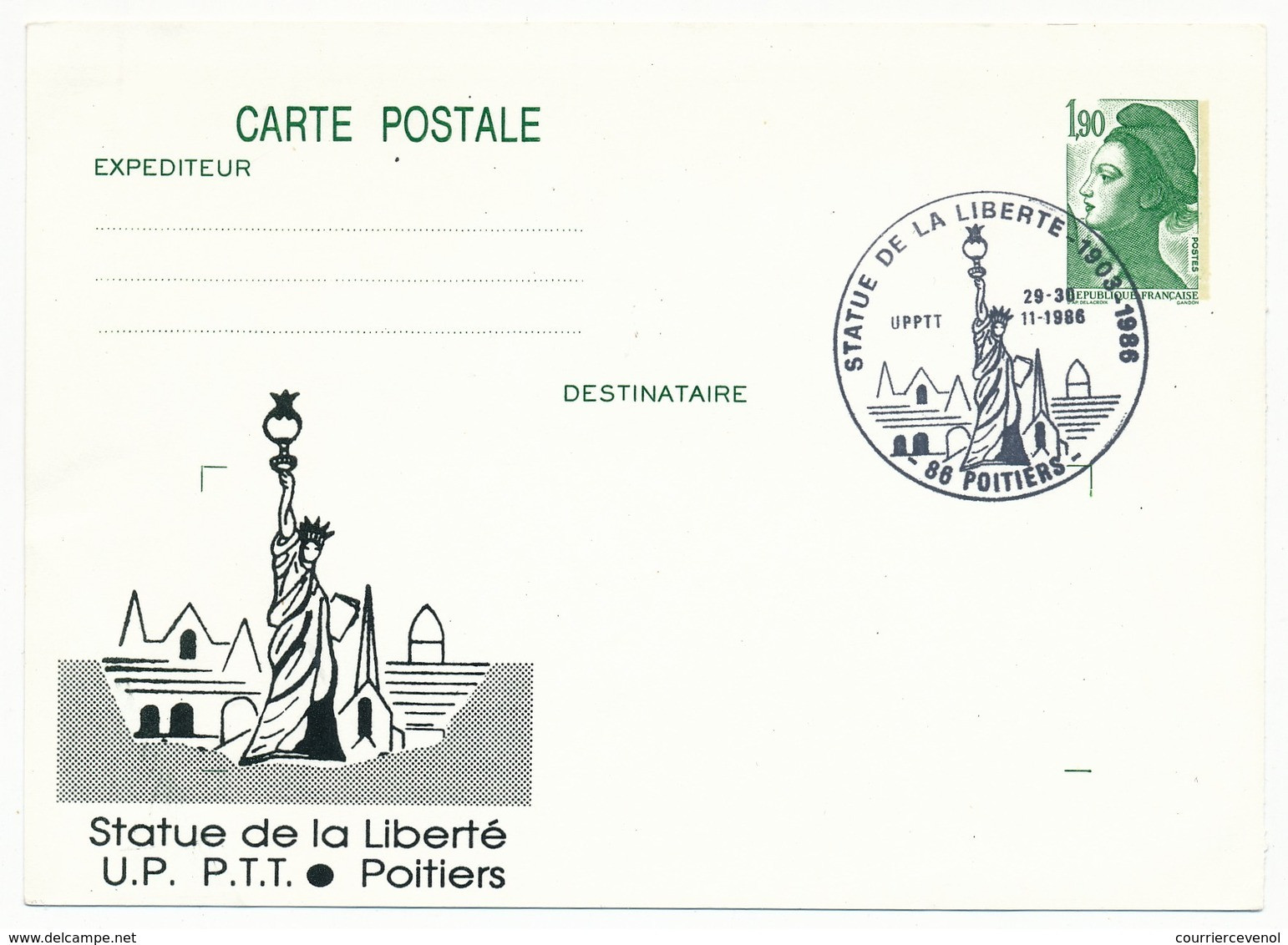 Entier Repiqué - 1,90 Liberté - Statue De La Liberté - POITIERS - 1986 - Overprinter Postcards (before 1995)