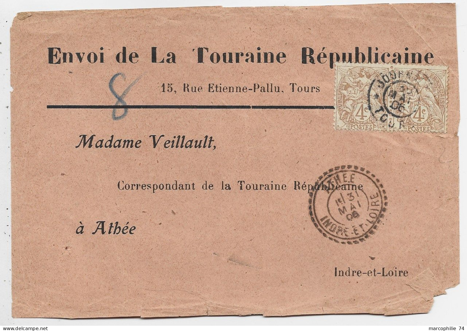 BLANC 4C PAIRE JOURNAUX PP TOURS 30 MAI 1906 DEVANT ENVOI TOURAINE REPUBLICAINE INDRE ET LOIRE - 1900-29 Blanc