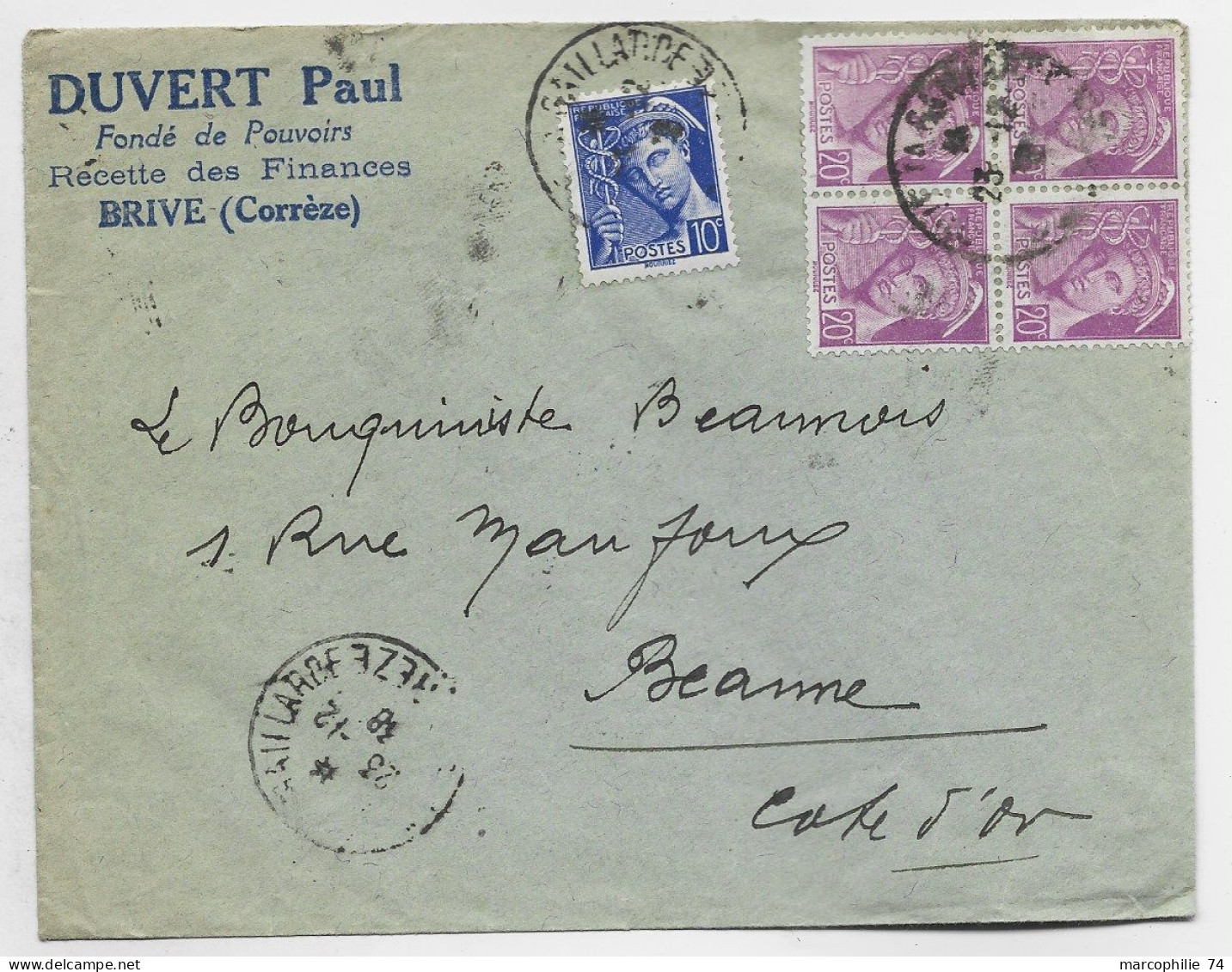 FRANCE MERCURE 20C BLOC DE 4+10C LETTRE BRIVE LA GAILLARDE CORREZE 1938 AU TARIF - 1938-42 Mercure