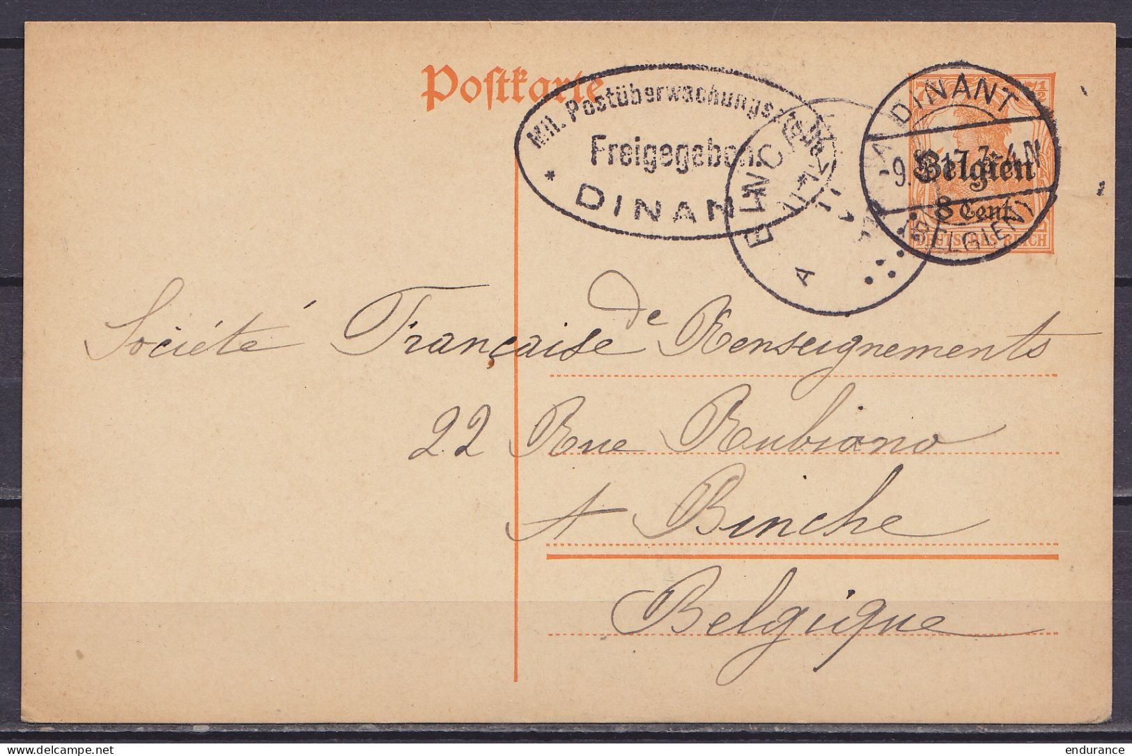 EP CP Postkarte 8c (type OC13) Càpt DINANT /-9.5.1917 Pour Comité Des Réfugiés à BINCHE - Cachet Censure "MIL. POST UBER - Occupazione Tedesca