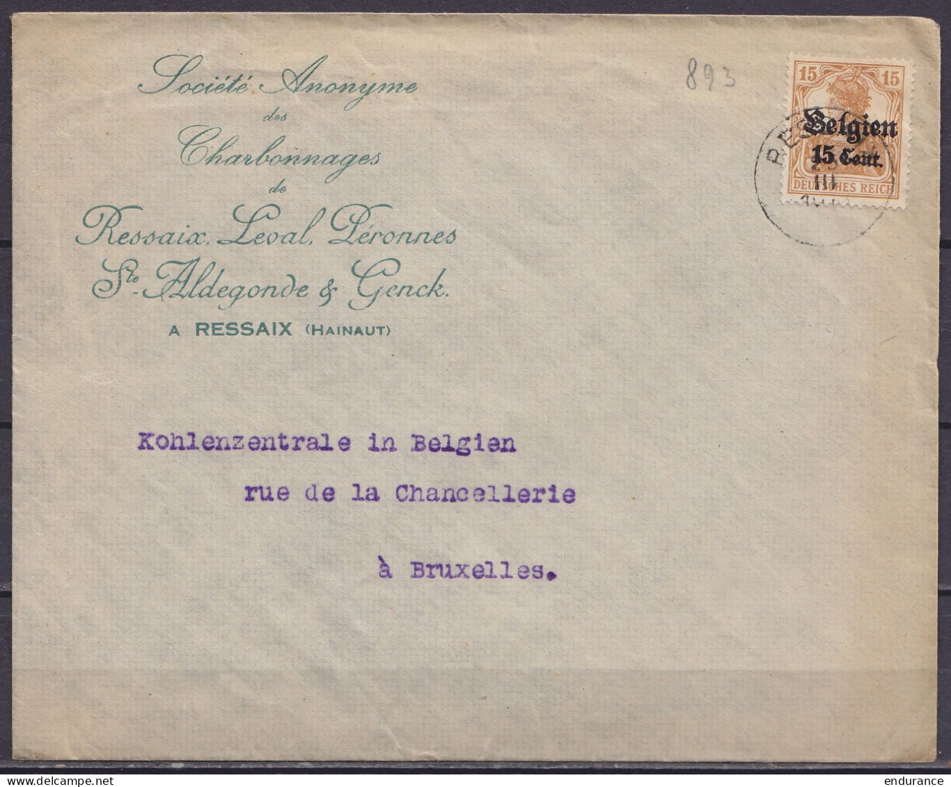 L. "Charbonnages De Ressaix, Leval, Péronnes, Ste-Aldegonde é Genck" Affr. OC15 Càd RESSAIX /25 III 191? Pour BRUXELLES - OC1/25 Governo Generale