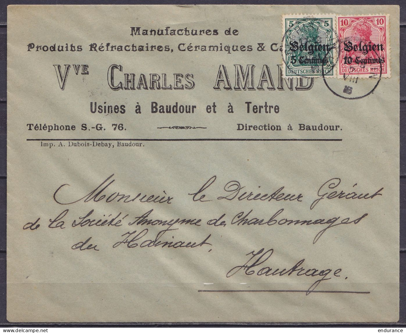 L. "Manufacture De Produits Réfractaires & Céramiques Amand Tertre & Baudour" Affr. OC2+3 Càd ST-GHISLAIN /2? VIII 1916  - OC1/25 Governo Generale