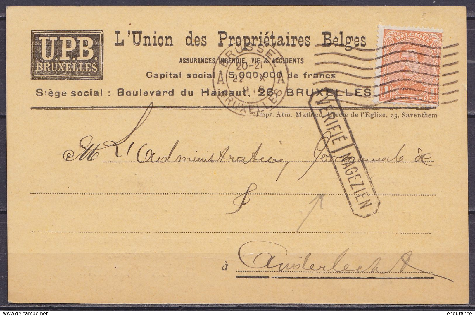 CP "Union Des Propriétaires Belges" Affr. N°135 Flam. BRUSSEL A /22.X 1919 Pour ANDERLECHT - Griffe [VERIFIE / NAGEZIEN] - 1915-1920 Albert I.