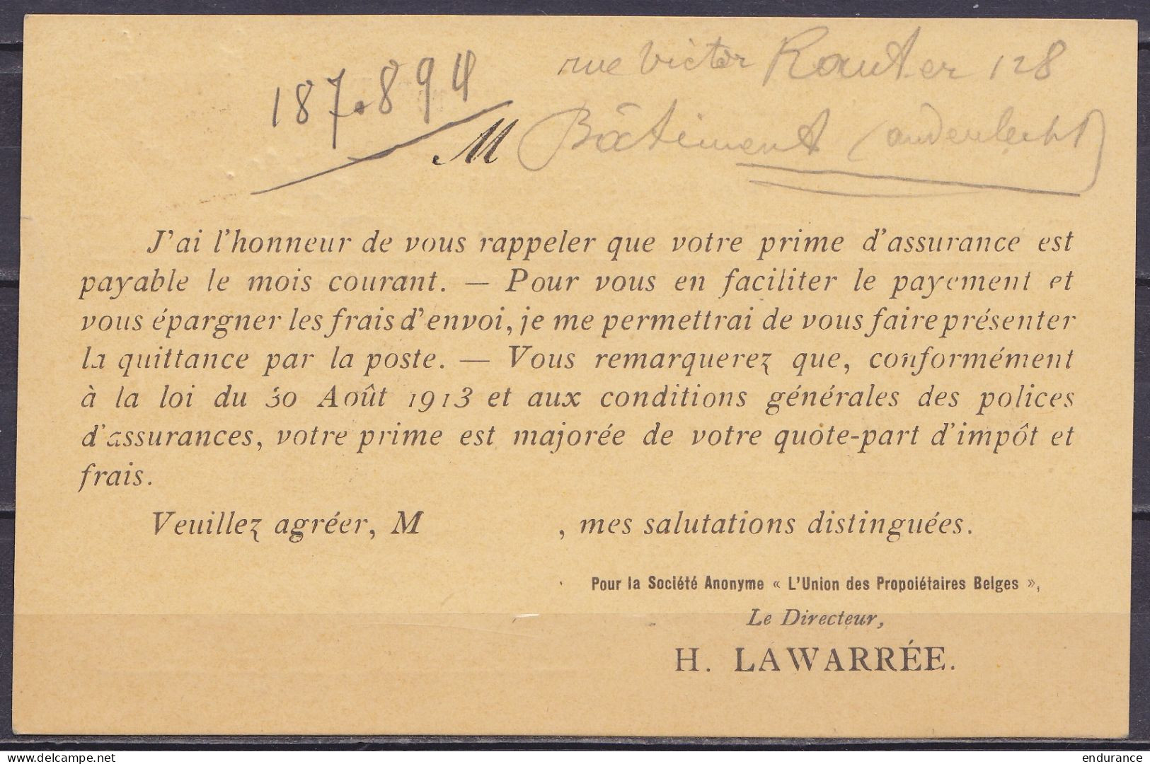 CP "Union Des Propriétaires Belges" Affr. N°135 Flam. BRUSSEL A /22.X 1919 Pour ANDERLECHT - Griffe [VERIFIE / NAGEZIEN] - 1915-1920 Albert I.