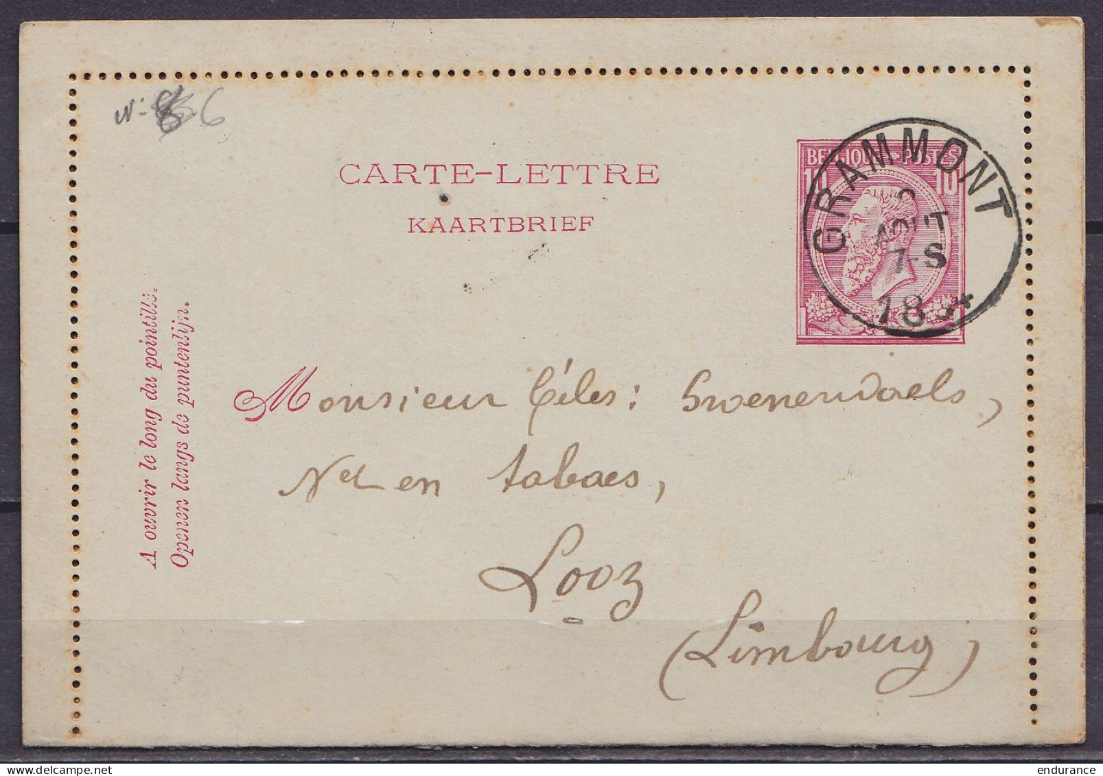 EP Carte-lettre 10c Rose (N°46) Càd GRAMMONT /3 AOUT 1894 Pour LOOZ Limbourg (au Dos: Càd Arrivée LOOZ) - Letter-Cards