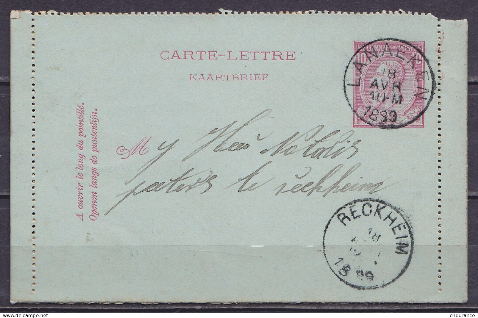 EP Carte-lettre 10c Rose (N°46) Càd LANAKEN /18 AVR 1889 Pour RECKHEIM - Cartes-lettres