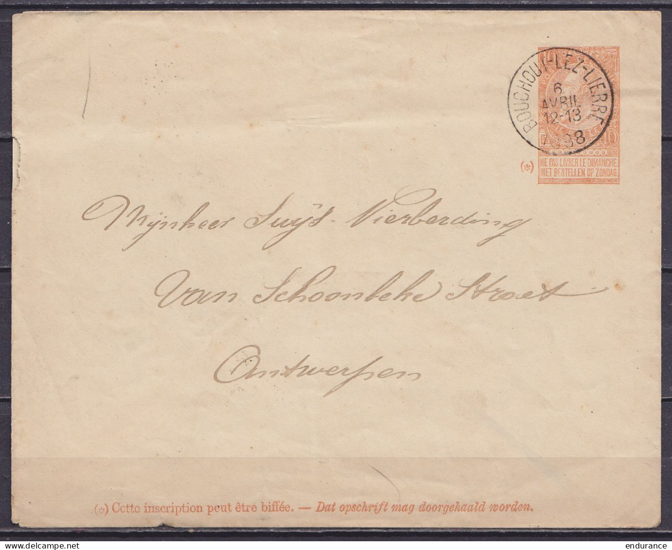 EP Enveloppe-lettre 10c Brun-rouge (N°57) Càd BOUCHOUT-LEZ-LIERRE /6 AVRIL 1898 Pour ANTWERPEN (au Dos: Càd Arrivée ANVE - Sobres-cartas