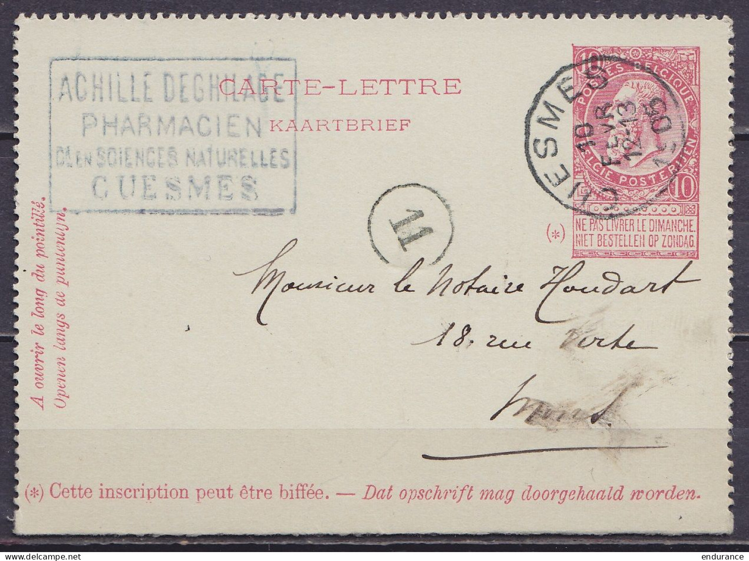 EP Carte-lettre 10c Rose (N°58) Càd CUESMES /10 FEVR 1905 Pour MONS (au Dos: Càd Arrivée MONS) - Carte-Lettere