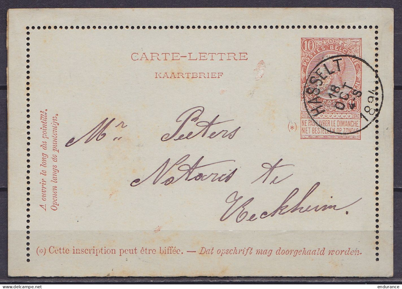 EP Carte-lettre 10c Brun-rouge (N°57) Càd HASSELT /18 OCT 1894 Pour RECKHEIM (au Dos: Càd Arrivée RECKHEIM) - Kartenbriefe