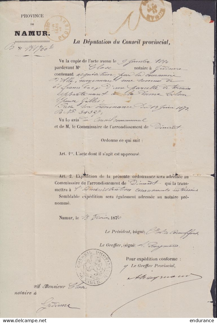 L. En Franchise Du Conseil Provincial De Namur Càd NAMUR /17 FEVR 1880 Pour GEDINNE - Taxe "2" Au Tampon - Griffe "Gouve - 1869-1888 Liggende Leeuw