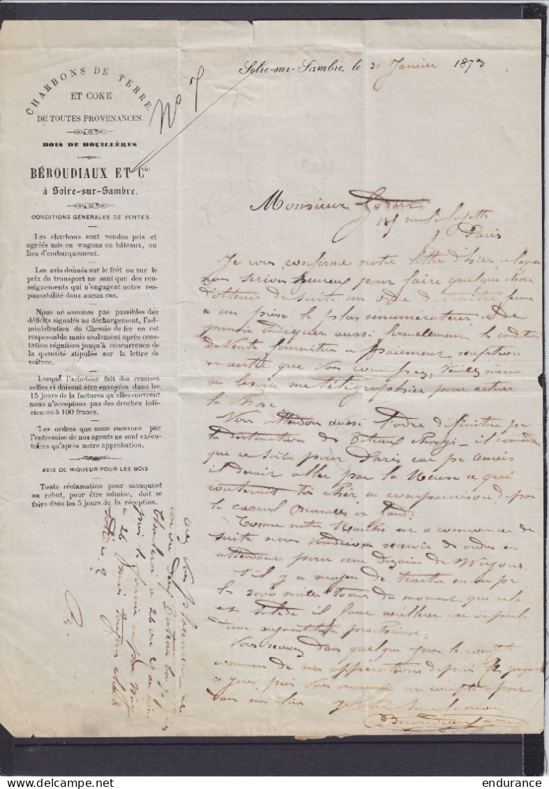 L. "Charbons Béroudiaux" Datée 31 Janvier 1873 De Solre-sur-Sambre Affr. 3x N°30 Lpts "114" Càd ERQUELINNES /31 JANV 73  - 1869-1883 Leopold II