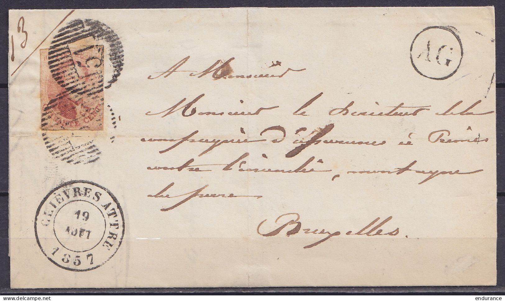 L. Affr. N°8 D51 (double Frappe) Càd CHIEVRES ATTRE /19 AOUT 1857 Pour BRUXELLES - Boîte Rurale "AG" (au Dos: Càd Bleu A - 1851-1857 Medallions (6/8)