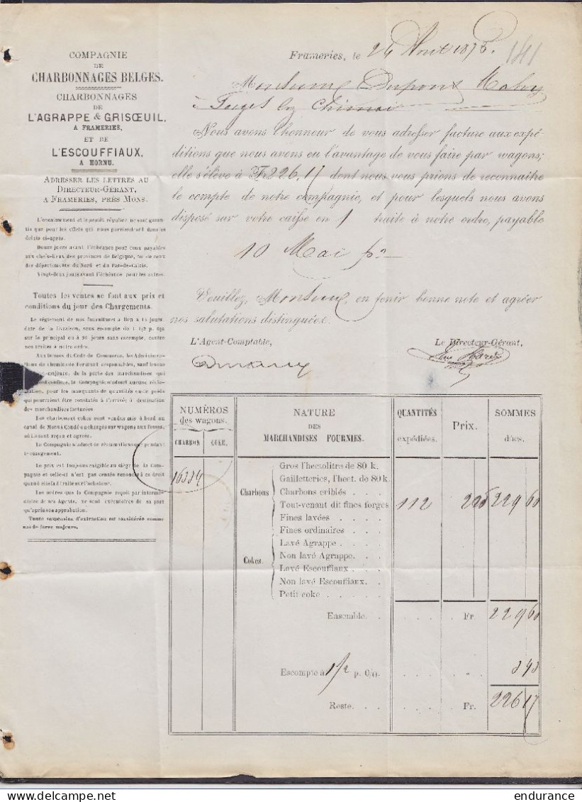 L. (facture) "Compagnie Des Charbonnages Belges" Affr. N°30 Càd FRAMERIES /27 AVRIL 1875 Pour FORGES-lez-CHIMAY (au Dos: - 1869-1883 Leopold II