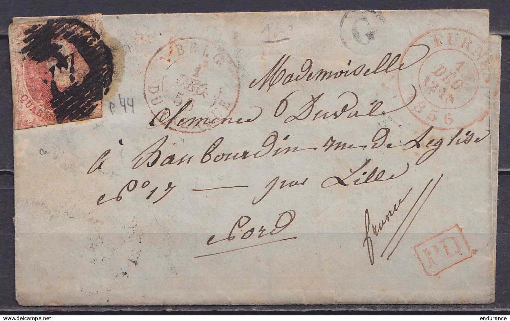 L. Affr. N°9 P44 Càd FURNES /1 DEC 1856 Pour HAUBOURDIN Par Lille - [P.D] - Càd Passage "BELG. /1 DEC/ DUNKERQUE" (au Do - 1851-1857 Medallions (6/8)