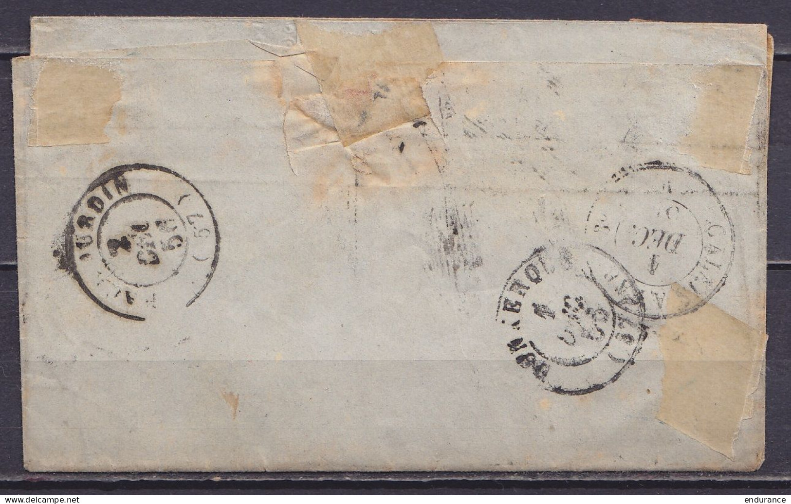 L. Affr. N°9 P44 Càd FURNES /1 DEC 1856 Pour HAUBOURDIN Par Lille - [P.D] - Càd Passage "BELG. /1 DEC/ DUNKERQUE" (au Do - 1851-1857 Medallions (6/8)