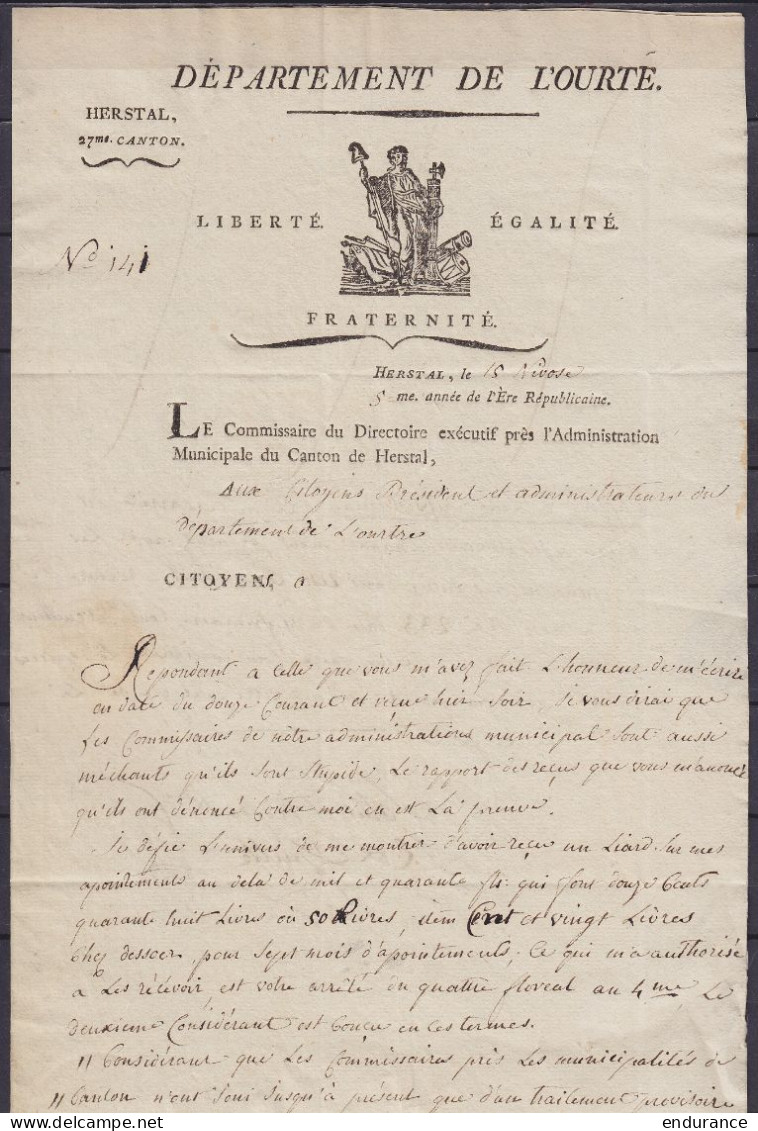 L. Datée 15 Nivôse An 5 (4 Janvier 1797) Du Commissaire Du Directoire Exécutif Près L'Administration Municipal Du Canton - 1794-1814 (Période Française)