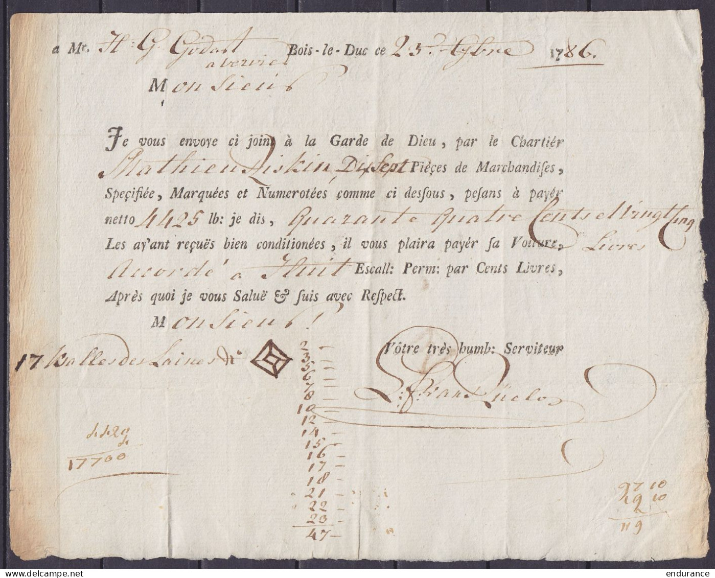 L. (accompagnant Des Colis) Datée 23 Novembre 1786 De BOIS-LE-DUC Pour VERVIERS - Man. "joint 17 Balles De Laines" - 1714-1794 (Oostenrijkse Nederlanden)