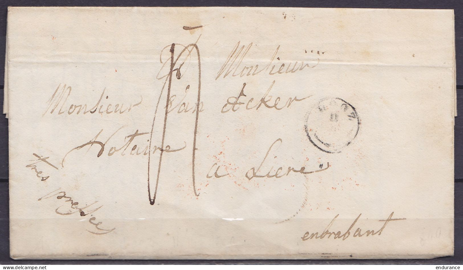 L. Datée 10 Janvier 1843 De LOOZ Càd T18 LOOZ /10 I Pour LIERRE - Man. "très Pressée" - Port "4" (au Dos: Càd Arrivée LI - 1830-1849 (Belgique Indépendante)