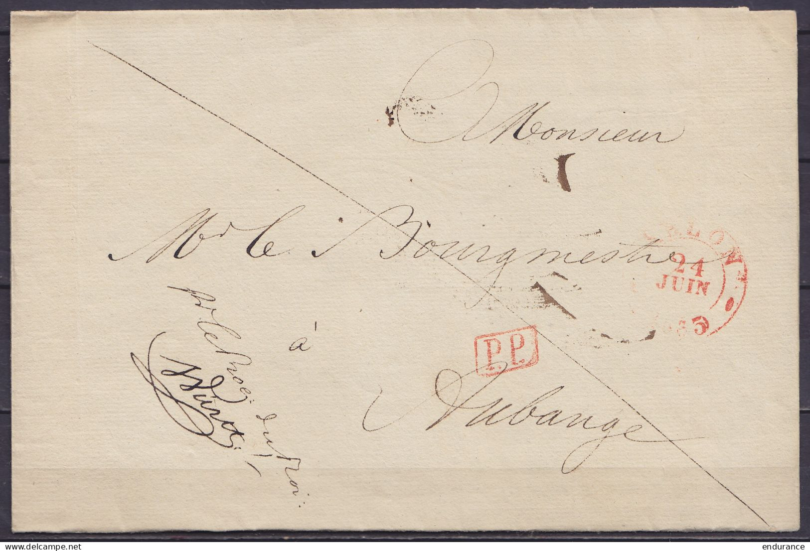 L. Datée 20 Juin 1835 De La Cour D'Appel De LIEGE En Franchise Pour AUBANGE - Man. "pr. Le Proc Du Roi" - [P.P.] & Càd A - 1830-1849 (Belgica Independiente)