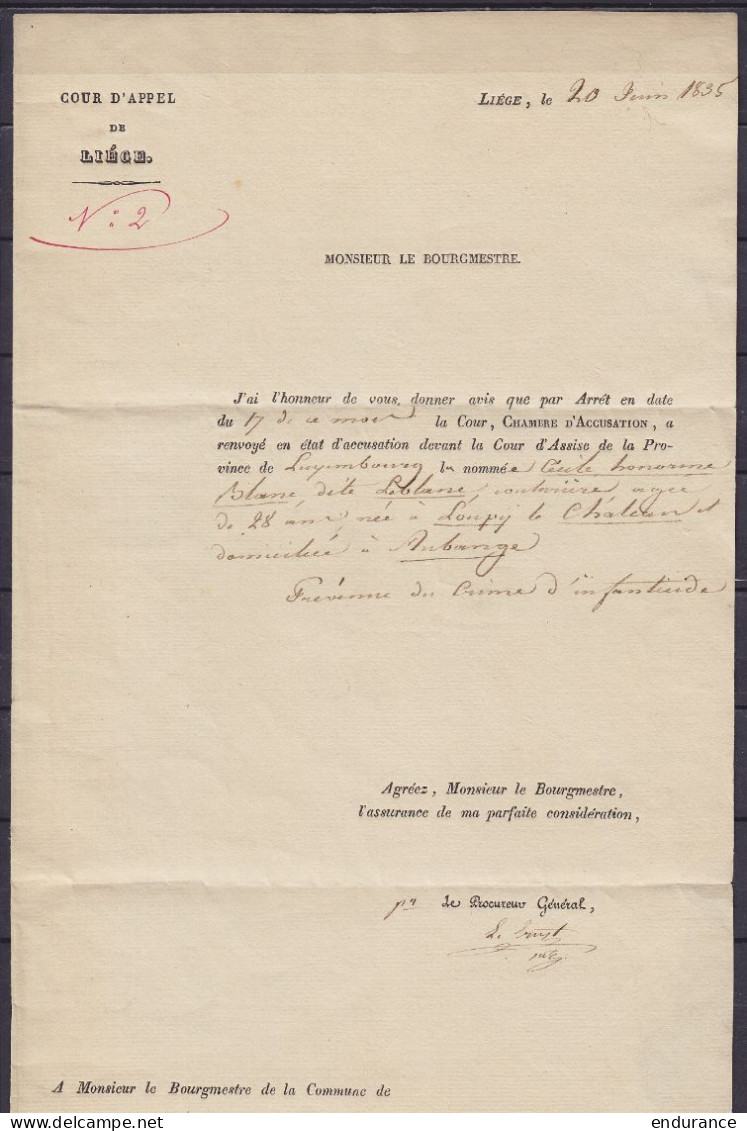 L. Datée 20 Juin 1835 De La Cour D'Appel De LIEGE En Franchise Pour AUBANGE - Man. "pr. Le Proc Du Roi" - [P.P.] & Càd A - 1830-1849 (Belgique Indépendante)